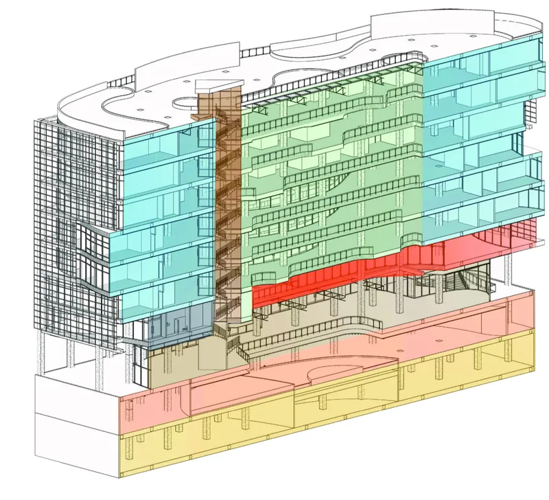 Axonometric drawing showing stacked floor plates with colored zones and central circulation core