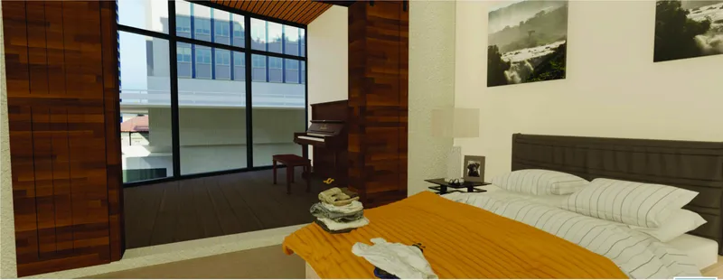 Bedroom with dark timber wall panels, large glazed doors and small piano near the window