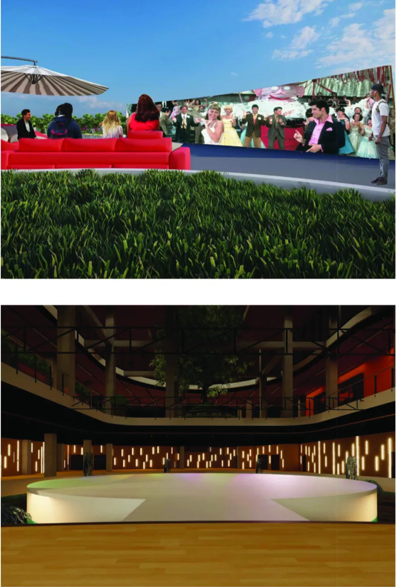 Rooftop terrace with red seating, artificial turf and crowd of people under blue sky