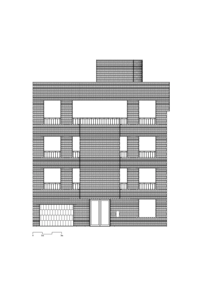 Elevation drawing showing a multi-story facade with textured brickwork and varied window openings