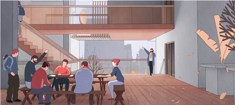 Sectional illustration of a communal terrace with timber decking and residents gathered around a table
