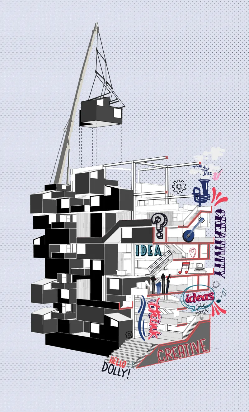 Axonometric drawing showing stacked cubic volumes on a crane hook alongside graphic collage elements