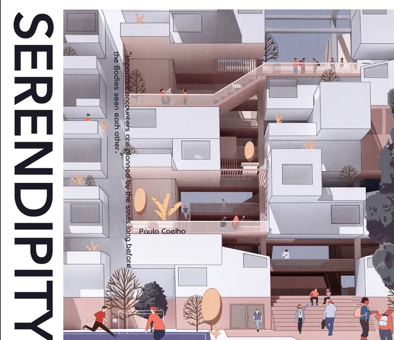 Sectional drawing showing stacked residential units with interlocking terraces and figures on balconies