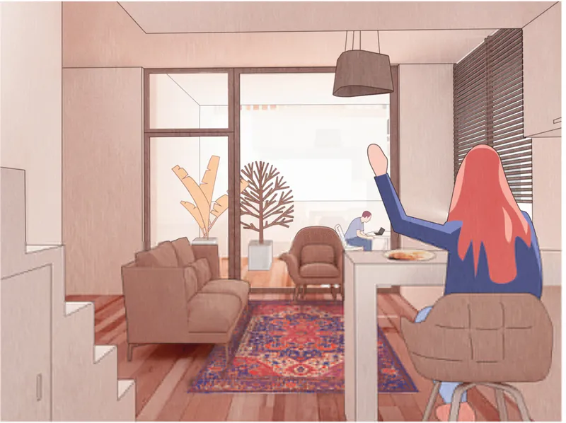 Interior perspective illustration of a living room with glazed terrace doors and a figure seated at a desk
