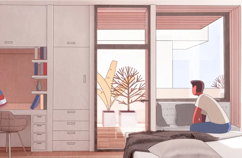 Bedroom interior illustration showing built-in storage and a figure sitting by a window with planters outside