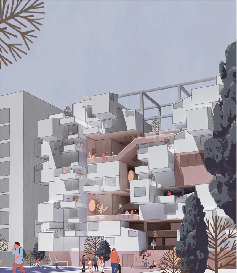 Street-level perspective rendering of a stepped residential facade with projecting balconies and pedestrians below