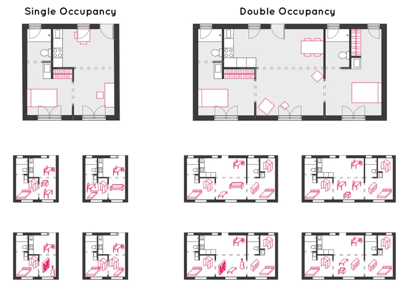 Floor plan diagrams comparing single and double occupancy layouts with furniture arrangements in pink outlines