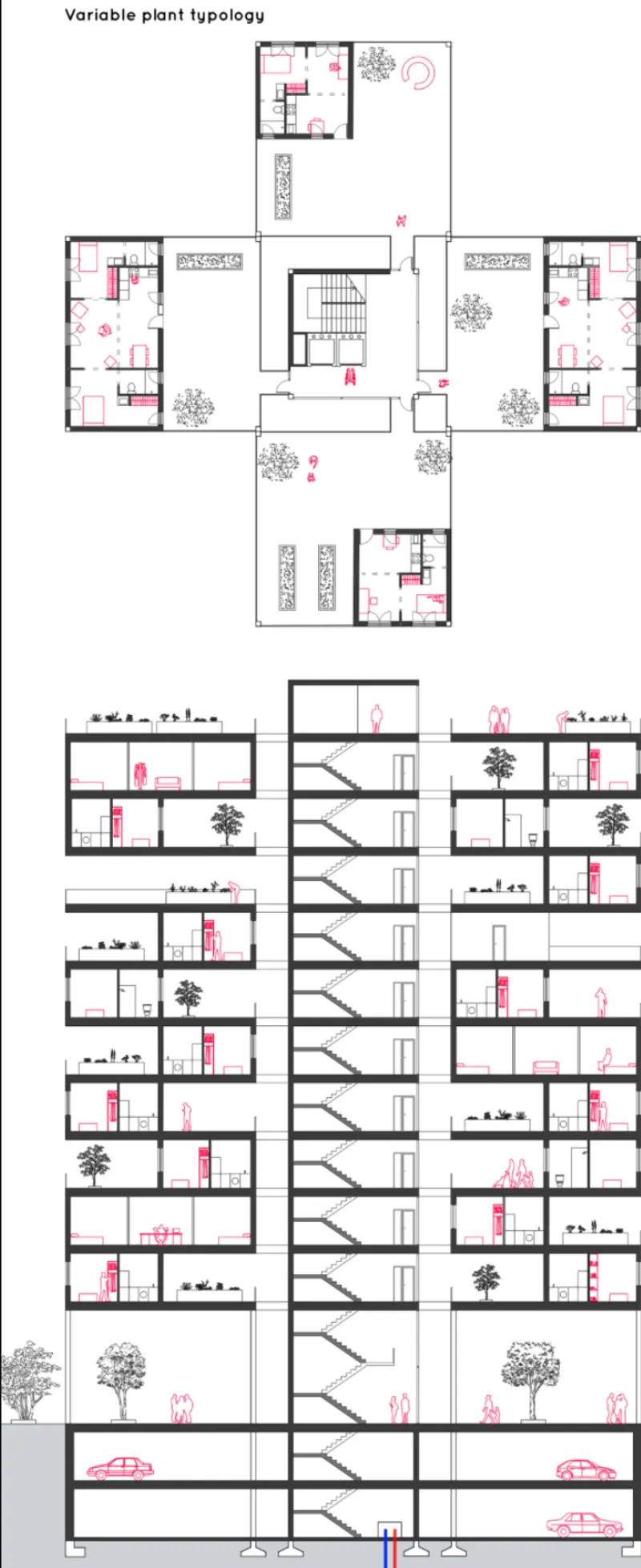 Plan and section drawings showing residential unit variations with trees and stairs across multiple floors