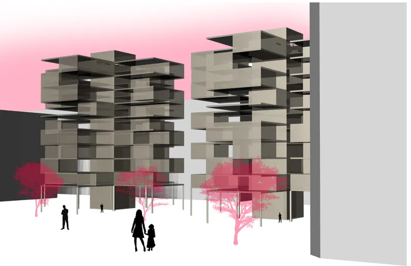 Rendered elevation of stacked residential volumes with projecting balconies, pink trees and pedestrians below