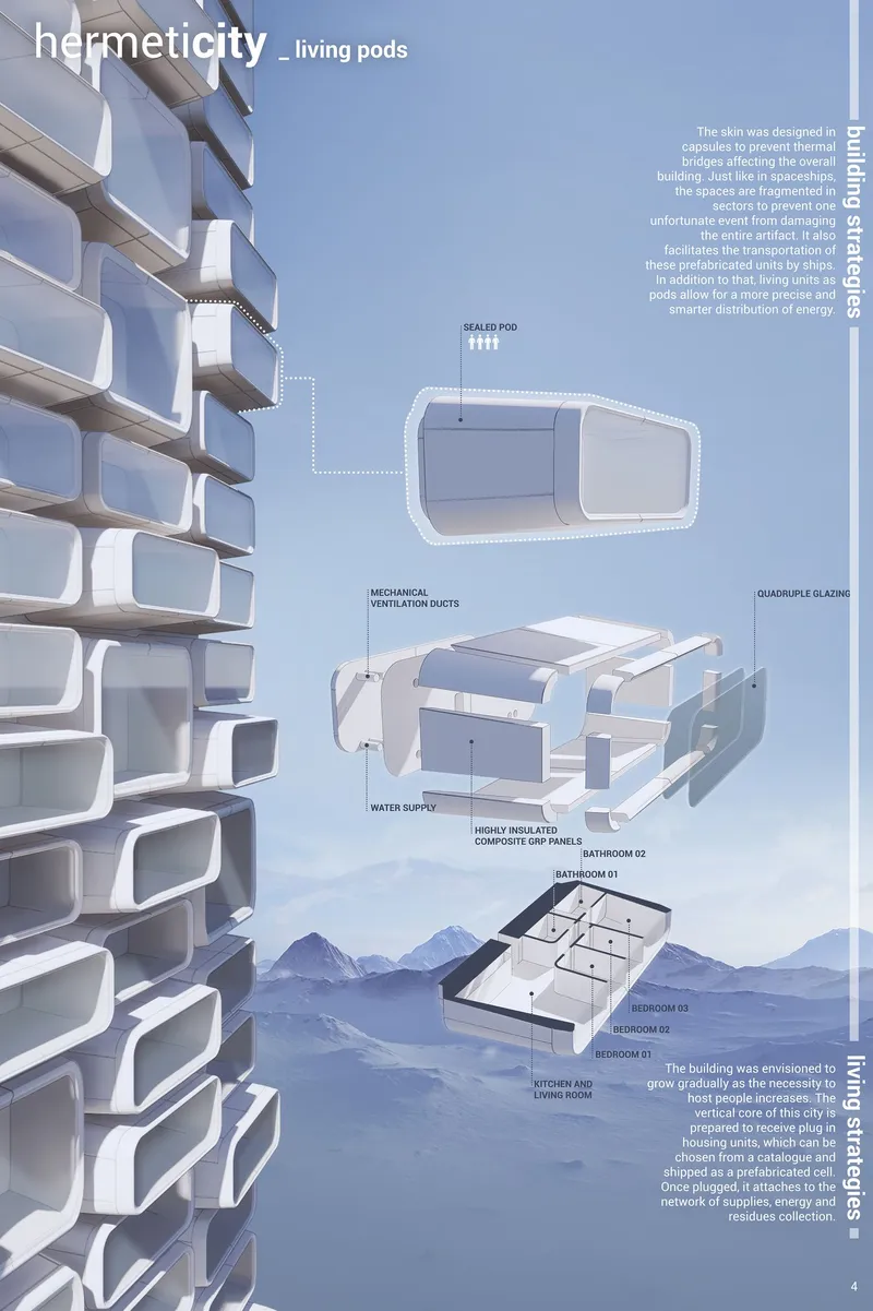 Diagram detailing modular residential pods with exploded views of ventilation ducts and interior floor plan configurations