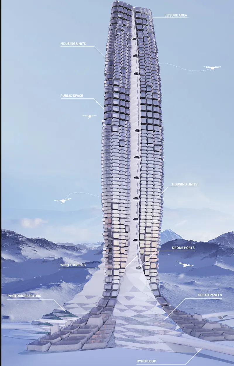 Annotated rendering showing twin tapering towers with stacked horizontal slabs rising from a snowy mountain landscape