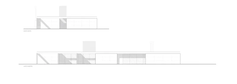 Elevation drawings showing the linear volume with exposed diagonal bracing and chimney stack
