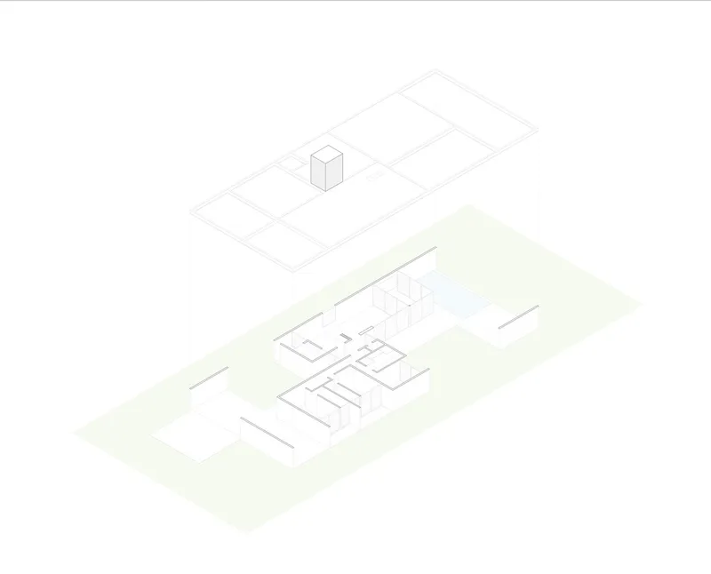 Axonometric drawing showing roof plane and floor plan with central courtyard organization