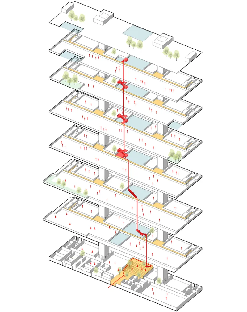 Exploded axonometric drawing showing stacked floor plates with orange central circulation core and rooftop trees