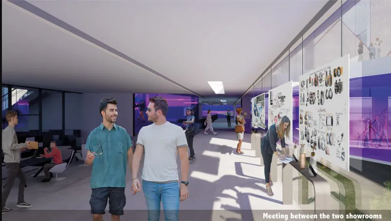 Interior corridor with people walking past display boards mounted on glass partitions