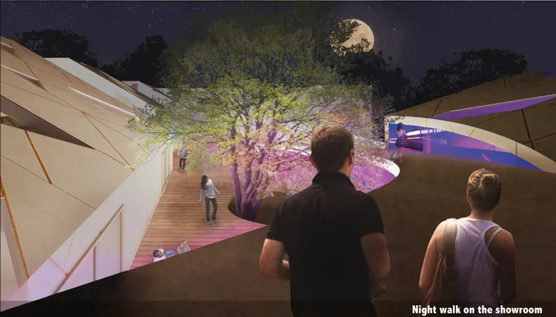 Outdoor courtyard with timber staircase and illuminated tree under a full moon at night