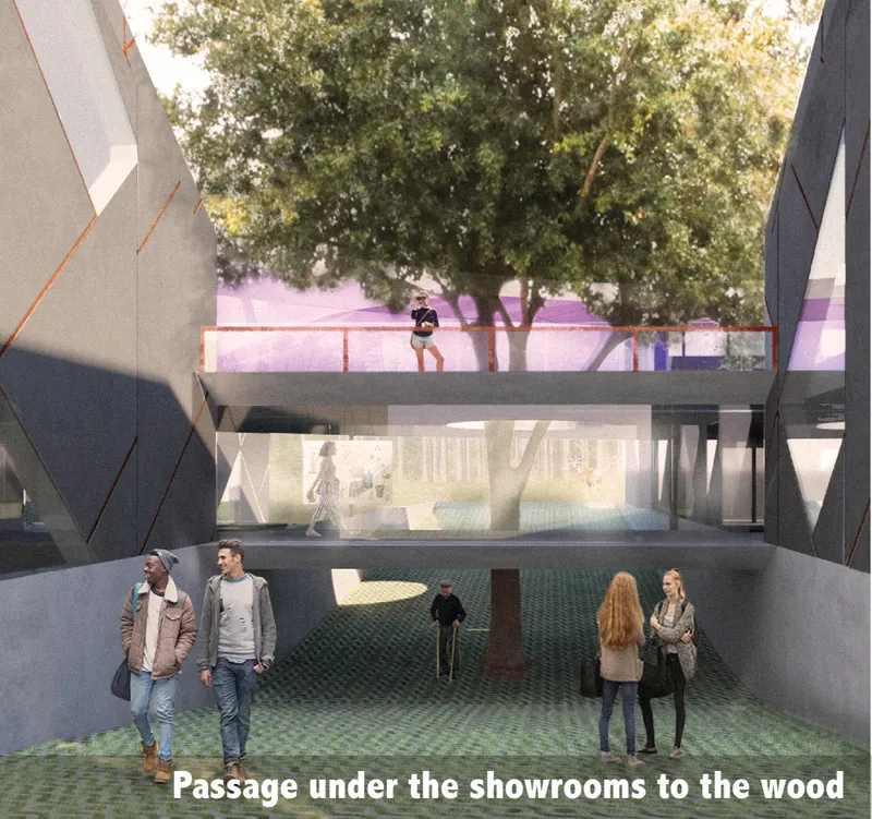 Section rendering of a tiered courtyard with green tiled flooring beneath elevated volumes and a tree canopy
