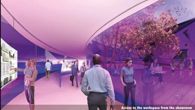 Curved interior corridor with purple tinted glazing opening onto a cherry tree courtyard at dusk