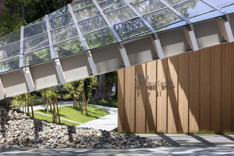 Sloped glazed roof structure above a timber wall with planted beds and white gravel edging