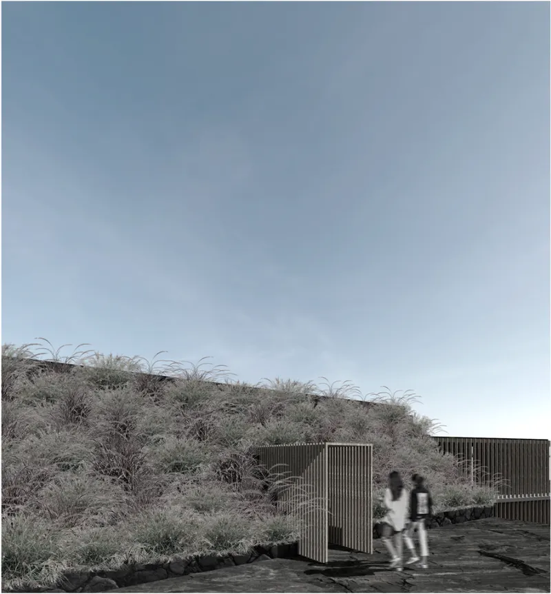 Timber-slatted gateway with two figures passing through on a concrete terrace beside a vegetated hillside
