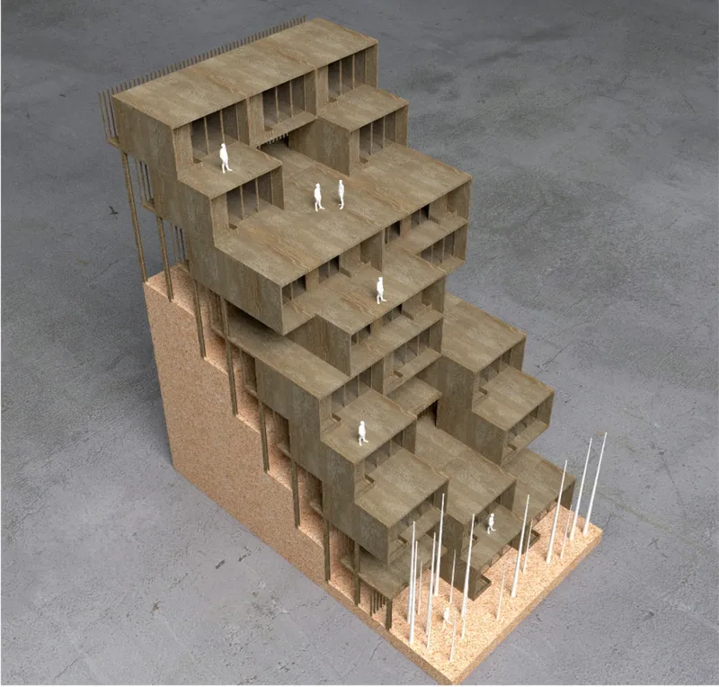 Axonometric model showing terraced volumes stepping down a slope with exposed timber pilotis below