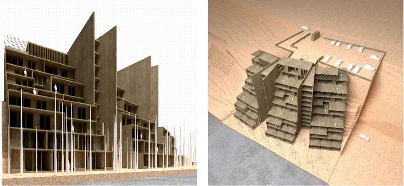 Sectional model revealing stacked floor plates and roof plan model showing central courtyard and stepped massing