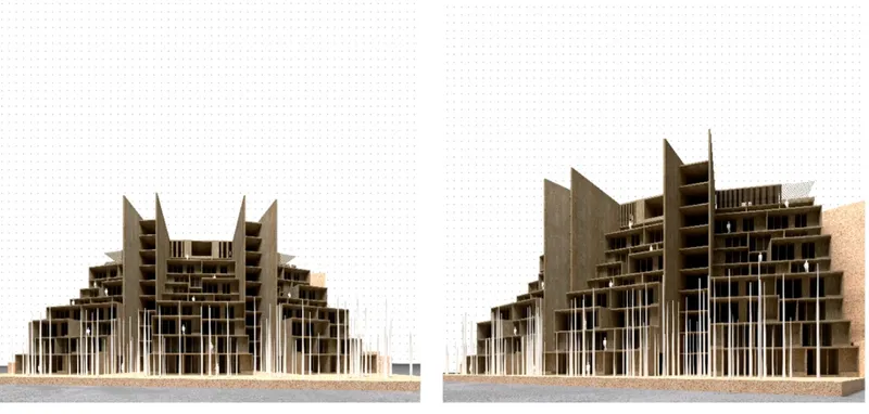 Elevation models displaying two views of the stepped facade with vertical fins and pilotis at ground level