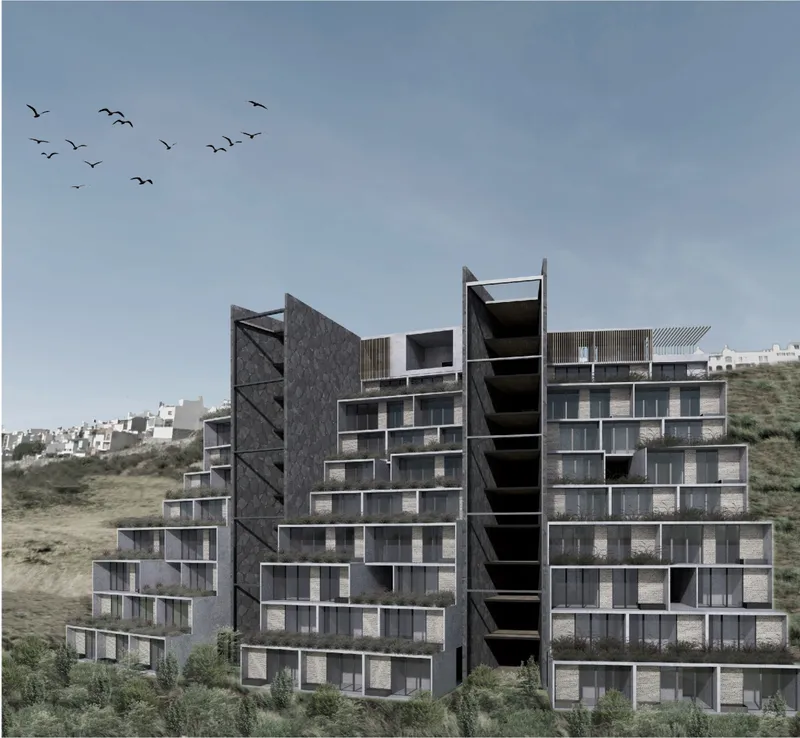 Rendered facade view of the stepped housing block set into a hillside with birds overhead