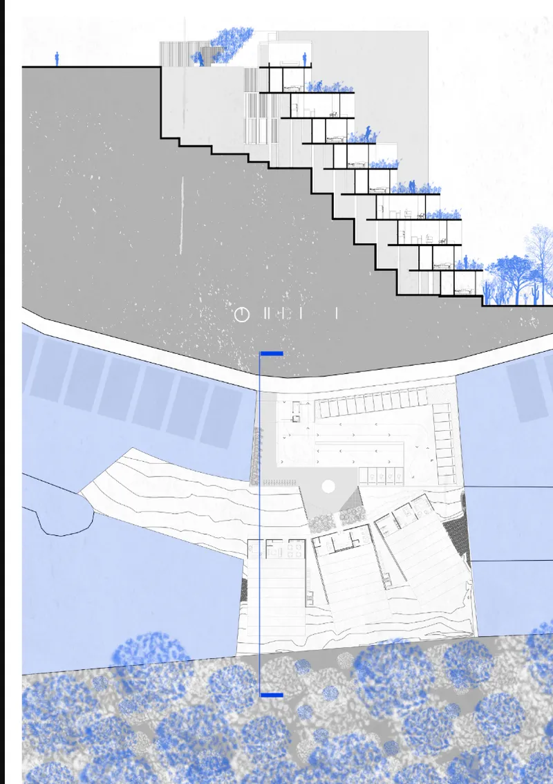 Site section and plan drawing showing terraced building volumes descending slope with water bodies and vegetation