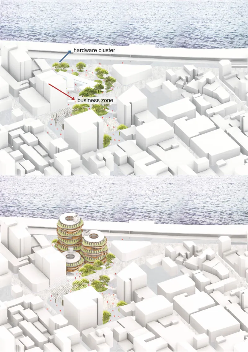 Axonometric diagram comparing two planning scenarios for a waterfront district with clustered towers and surrounding blocks