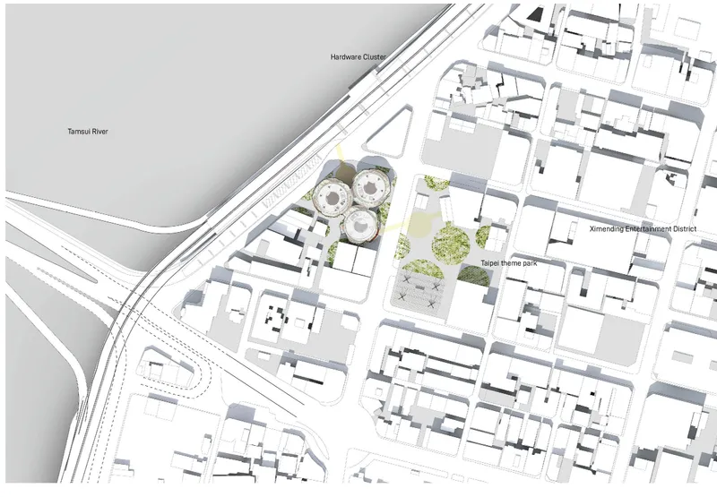 Site plan showing three circular volumes along a river with pedestrian zones and surrounding urban fabric