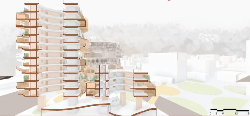 Section perspective showing timber frame towers with planted terraces in a misty urban setting
