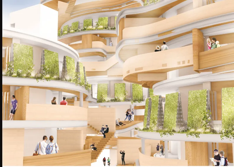 Interior rendering of terraced timber seating cascading through atrium space with vertical gardens and gathering residents
