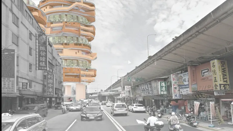 Stacked timber balconies tower above a busy street with elevated highway and passing motorcycles