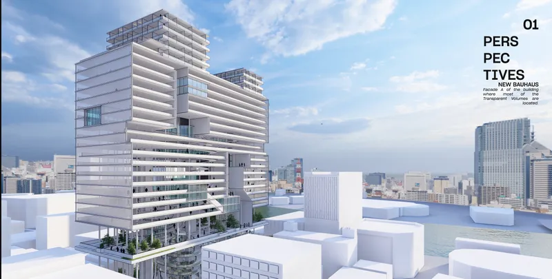 Rendered view of twin stacked tower volumes with horizontal banding against a blue sky