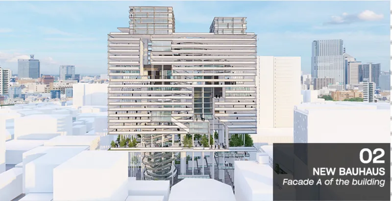 Head-on elevation showing the layered facade with horizontal louvers and central planted terraces
