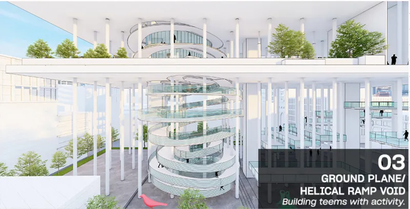 Section rendering showing the spiral ramp void surrounded by white columns and planted terraces
