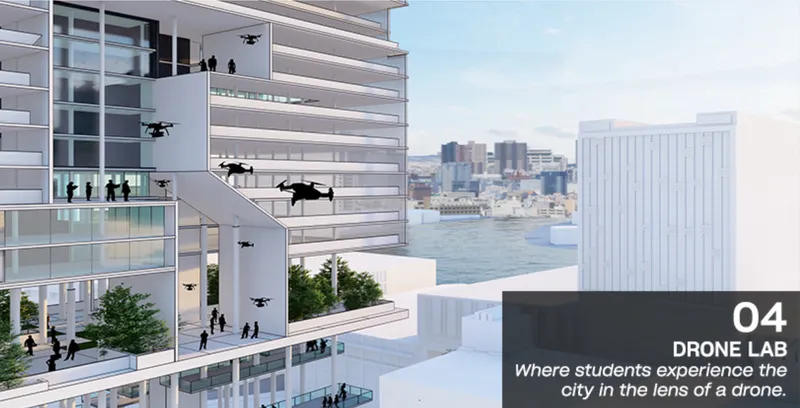 Terrace level with figures and drones hovering over outdoor spaces near the waterfront
