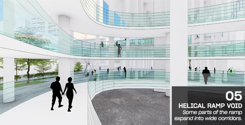 Interior atrium with curved glass walls and a dark circular floor element at the base