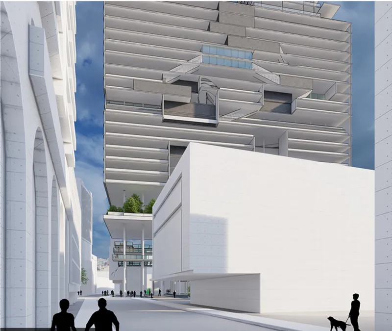 Street-level view with figures and a dog walking beneath cantilevered terrace volumes