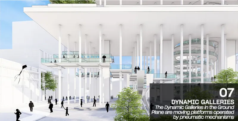 Covered plaza with white columns and suspended bridges connecting stacked levels under a flat roof