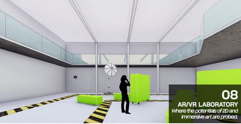 Interior laboratory space with white structural frame overhead and lime green modular furniture on striped floor