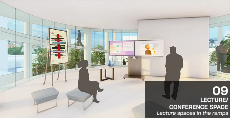 Curved conference room with continuous glazing overlooking planted terraces and distant cityscape under soft light