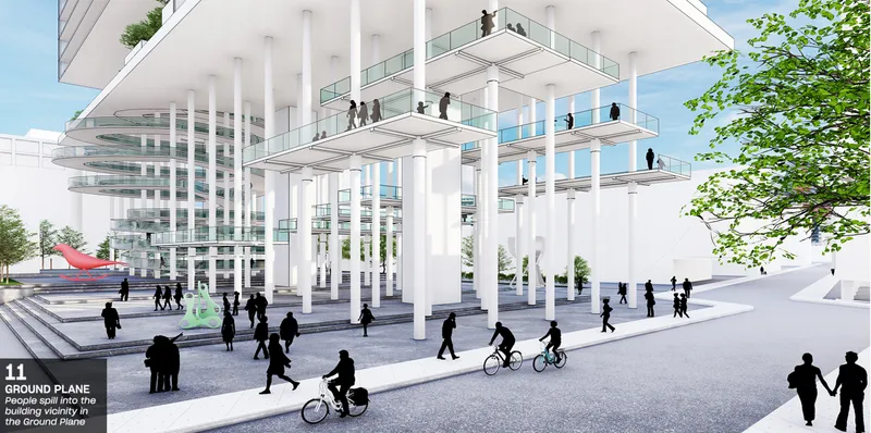 Ground level public plaza with white columns supporting stacked platforms and people walking beneath tree canopy