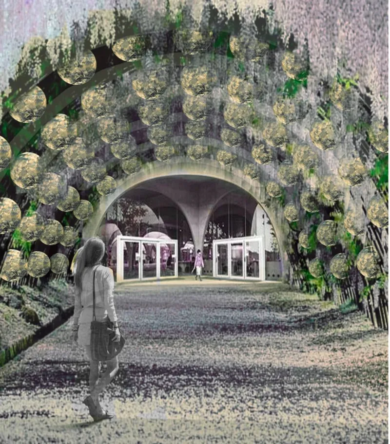 Section drawing revealing underground chambers beneath a planted roof with spherical structures and skylights
