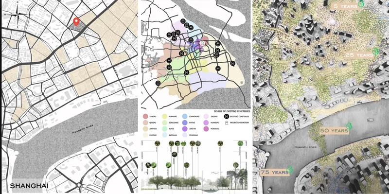 Site plan drawing with zoning diagrams and growth timeline renderings along a curved waterfront