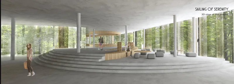 Open interior space with curved concrete steps and timber enclosure surrounded by floor-to-ceiling glass walls