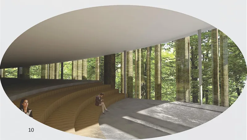 Rendered interior view of an oval auditorium with tiered seating overlooking a forest through tall glass walls