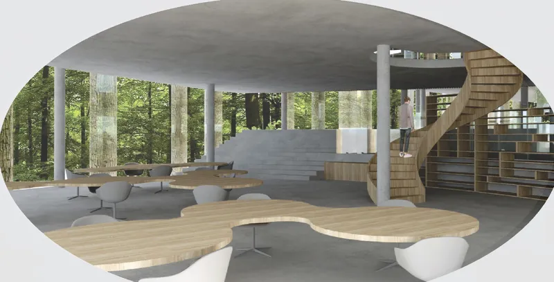 Rendered interior showing curved timber seating beneath a domed ceiling with cylindrical columns and forest views