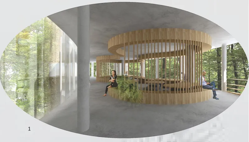 Interior rendering showing curved timber slat enclosure beneath concrete ceiling with forest views through glazing